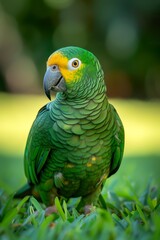 A amazon parrot in a green field in a photo captured from a distance with a blurred background. Parrot alone on a field of green grass and looking curious with soft sunlight in late afternoon.