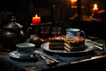 A cake with chocolate is on a table with cups and cups of tea., generative IA