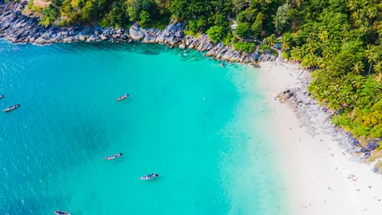Zelfklevend Fotobehang Paradise beach Phuket Patong. aerial top view amazing freedom beach small white sand beach with perfect nature. white wave hit the rock around island. green forest peaceful. green sea, landscape. © Stock.Foto.Touch