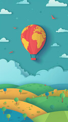 Colorful Hot Air Balloon Over Stylized Paper Craft Geography Landscape