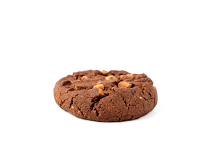 Chocolatey, rich cookies with contrasting white chocolate chips, professionally photographed on a pure white. Cookies with white chocolate close-up.