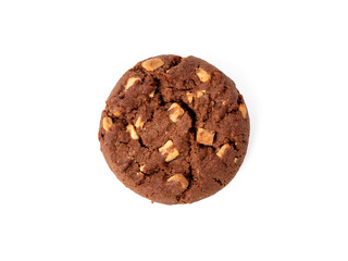 Chocolatey, rich cookies with contrasting white chocolate chips, professionally photographed on a pure white. Cookies with white chocolate close-up.