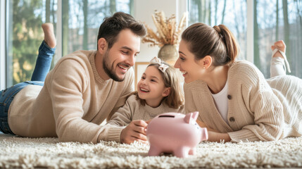 Obraz premium Happy family consisting of a mother, father, and young daughter lying on a rug at home, smiling at each other with a piggy bank in the foreground.