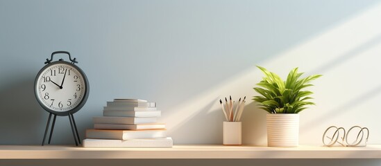 White desk with stationery, books and plants and white wall for mock up or product montage.