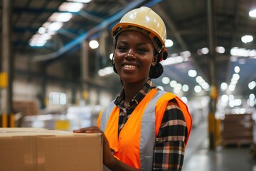 A smiling dark-skinned female worker wearing an orange vest and safety helmet and holding a package in a modern warehouse