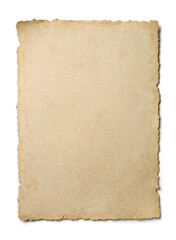 Antique paper isolated on a white background. Old manuscript with torn edges.