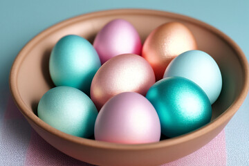 Fototapeta na wymiar Pastel pearl eggs in a bowl. Orthodox traditions of painting eggs for Easter. Celebration of Easter.