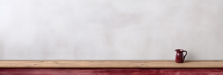Empty wooden burgundy table over white wall background