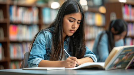 focused young woman studying in a library, writing notes from a laptop into a book