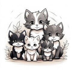 Obraz premium Five kittens sitting simple illustration coloring book. Cat with kittens drawing, cat family concept art. Cute kittens print for clothing, stationery, on paper, on fabric.