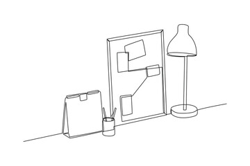 Single continuous line drawing of room decoration supplies. Luxurious interior. interior decoration minimalist concept. Bedroom. Very cozy rooms. Staycation. One line design vector illustration