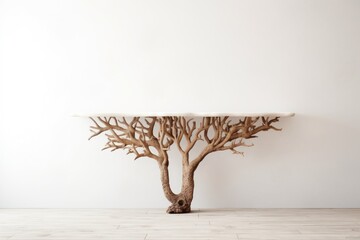 Empty wooden coral table over white wall background