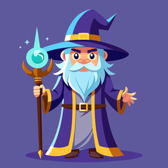 Vector illustration of an animated wizard character in a blue robe holding an enchanted staff, set against a purple background.
