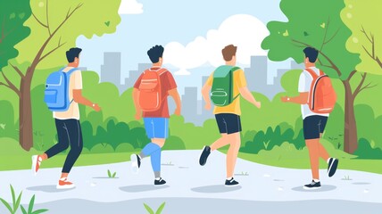 illustration of some people rucking in the park, running backpack on the back and doing fitness in sport clothes