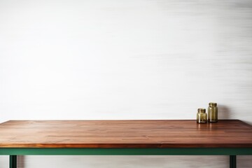 Empty wooden cyan table over white wall background