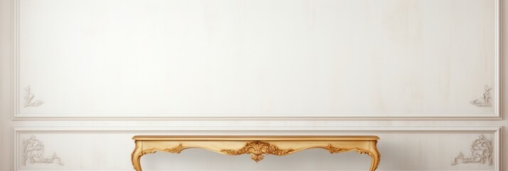 Empty wooden gold table over white wall background