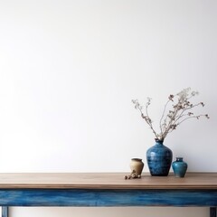 Empty wooden indigo table over white wall background