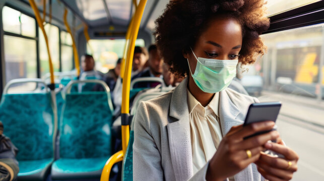 Woman Is Seen Sitting On A Bus, Wearing A Surgical Mask And Looking Down At Her Smartphone, With A Cityscape Visible Through The Window Behind Her