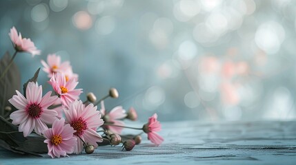 Cosmea pink blüten in kleinem Strauss liegen auf grauer Oberfläche. Bokeh grau, pink Backdrop, Platz für text.  - obrazy, fototapety, plakaty