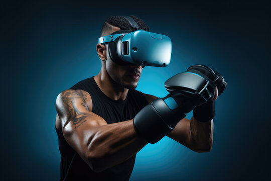 athletic man with boxing gloves is fully engaged in a virtual reality boxing session, his stance ready and determined