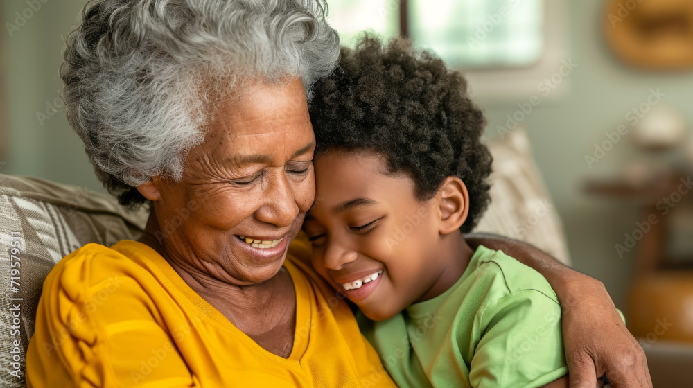 Poster grandmother is embracing her young grandson with a tender smile