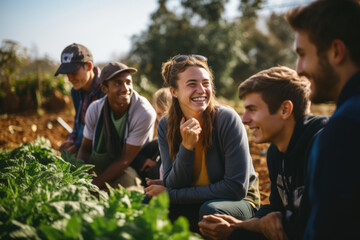 group of young students, diverse in ethnicity, gather in a garden, learning about sustainable farming and the beauty of growing their own food