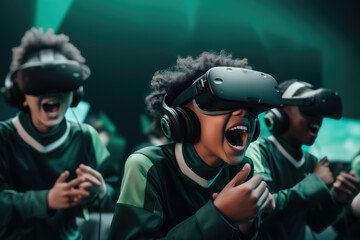 In a futuristic gaming environment, a group of kids, with bright smiles and laughter, are deeply immersed in a virtual reality experience