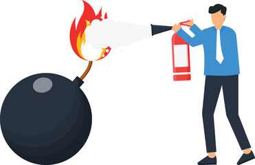 Businessman with a fire extinguisher is fighting the burning flame, Economic and red Put out head fire. A man with a fire extinguisher extinguishes a fire bomb concept,
