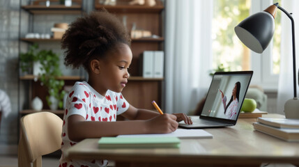 young girl engaged in an online learning session, writing notes while participating in a video call with a teacher on her laptop at a home study setup