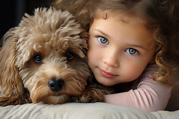Cute little girl with dog on bed at home, close up