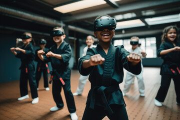 lively group of children, dressed in black martial arts gi with VR headsets on, stand in strong karate stances