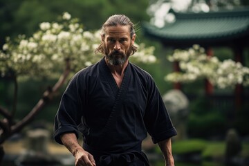 Obraz premium seasoned martial art man stands confidently in traditional attire, poised and calm in a tranquil garden setting