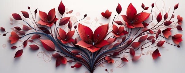 red bright abstract floral heart isoloated in white background, no shadow, centre aligned, leaves, flower leaf pattern illustration