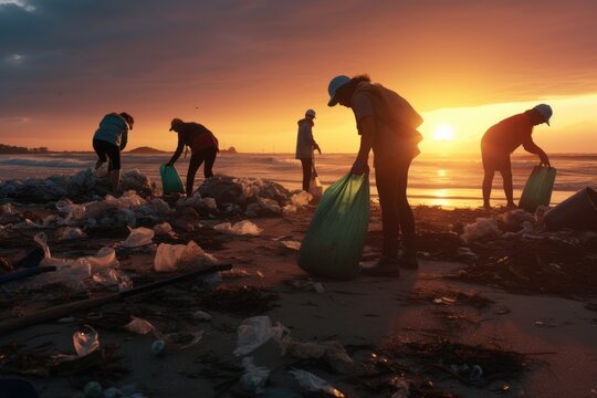 Volunteers gather to remove trash from a beach at sunset, reflecting a community's commitment to environmental stewardship and the beauty of collective action