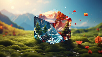 landscape with lake and mountains in ice cube  landscape with lake and mountains in water cube  - obrazy, fototapety, plakaty