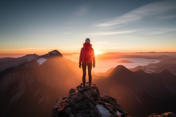 A silhouette of a woman in hiking clothes on top of a mountain looking at the horizon at sunset