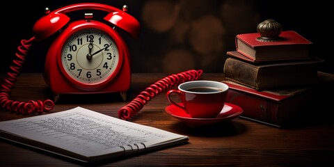 Red Desktop, Red telephone and Red clock on wooden table with notebook, - obrazy, fototapety, plakaty