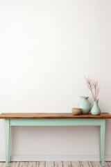 Empty wooden mint table over white wall background