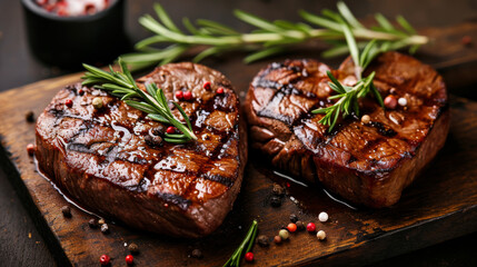 Two juicy grilled beef steak, herbs and spices in shape of heart for Valentines day for a romantic meal On a black stone background. - obrazy, fototapety, plakaty