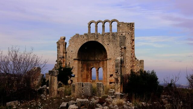Timelapse of Okuzlu ruins, showing ancient polygonal and smooth stonework houses. Highlighting peristyle style,and timelapse of the three-nave basilica church center. Perfect for ancient ruin themes
