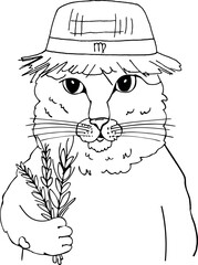 Coloring Cartoon Virgo cat holding a bouquet of wheat - Vector zodiac illustration