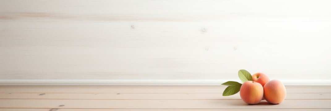 Empty wooden peach table over white wall background