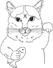Cartoon coloring Pisces cat holding a fish - Vector zodiac illustration