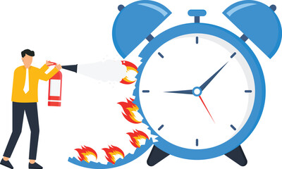 Deadline pressure and poor time management or organization of inefficient workflow and overloaded employee, Businessman put fire extinguisher on burning clock concept,
