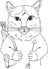 Vector coloring illustration of a Cartoon Sagittarius cat gripping an arrow with its paws