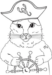 Cartoon coloring Scorpio cat holds the helm - Vector zodiac illustration