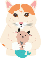 Cartoon Zodiac cat holds a cute Capricorn in its paws - Vector flat zodiac illustration