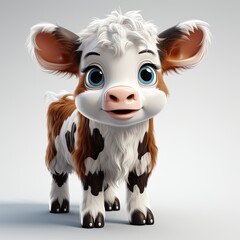 Cartoon character cute cow or calf 3d illustration isolated on white background. Cartoon kind calf or cow for clothes, stationery, books, goods. Toy calf 3D character banner. Generative AI