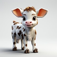 Cartoon character cute cow or calf 3d illustration isolated on white background. Cartoon kind calf or cow for clothes, stationery, books, goods. Toy calf 3D character banner. Generative AI