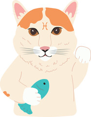 Cartoon Pisces cat in flat style holding a fish - Vector zodiac illustration